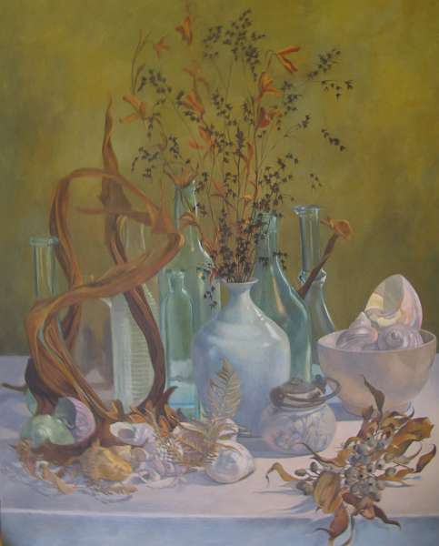 Blue bottles and shells 49cm x 62cm